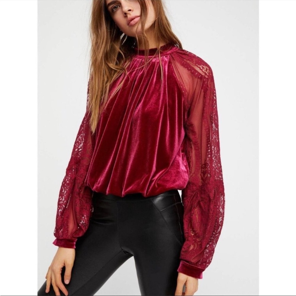 Free People Velvet Lace Top in Burgundy